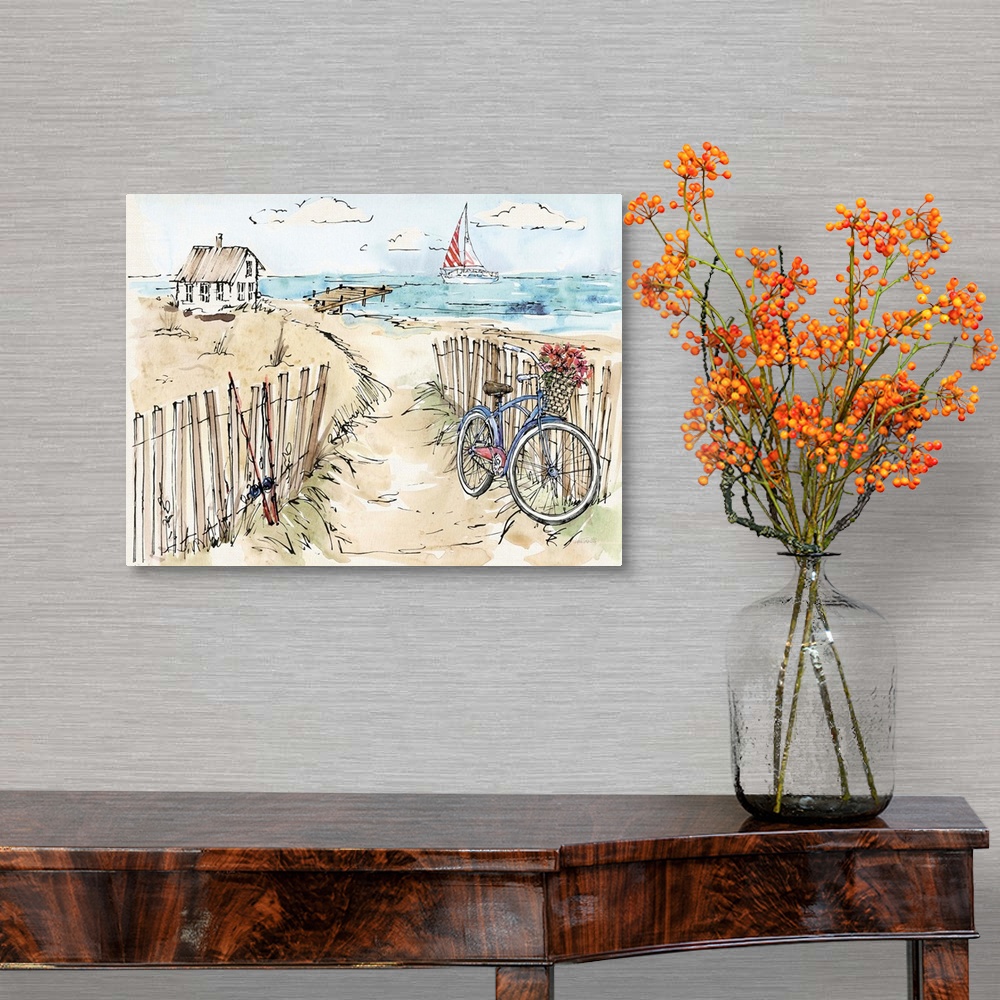 A traditional room featuring Watercolor painting of a beach scene with a blue bicycle and fishing poles in the foreground and ...