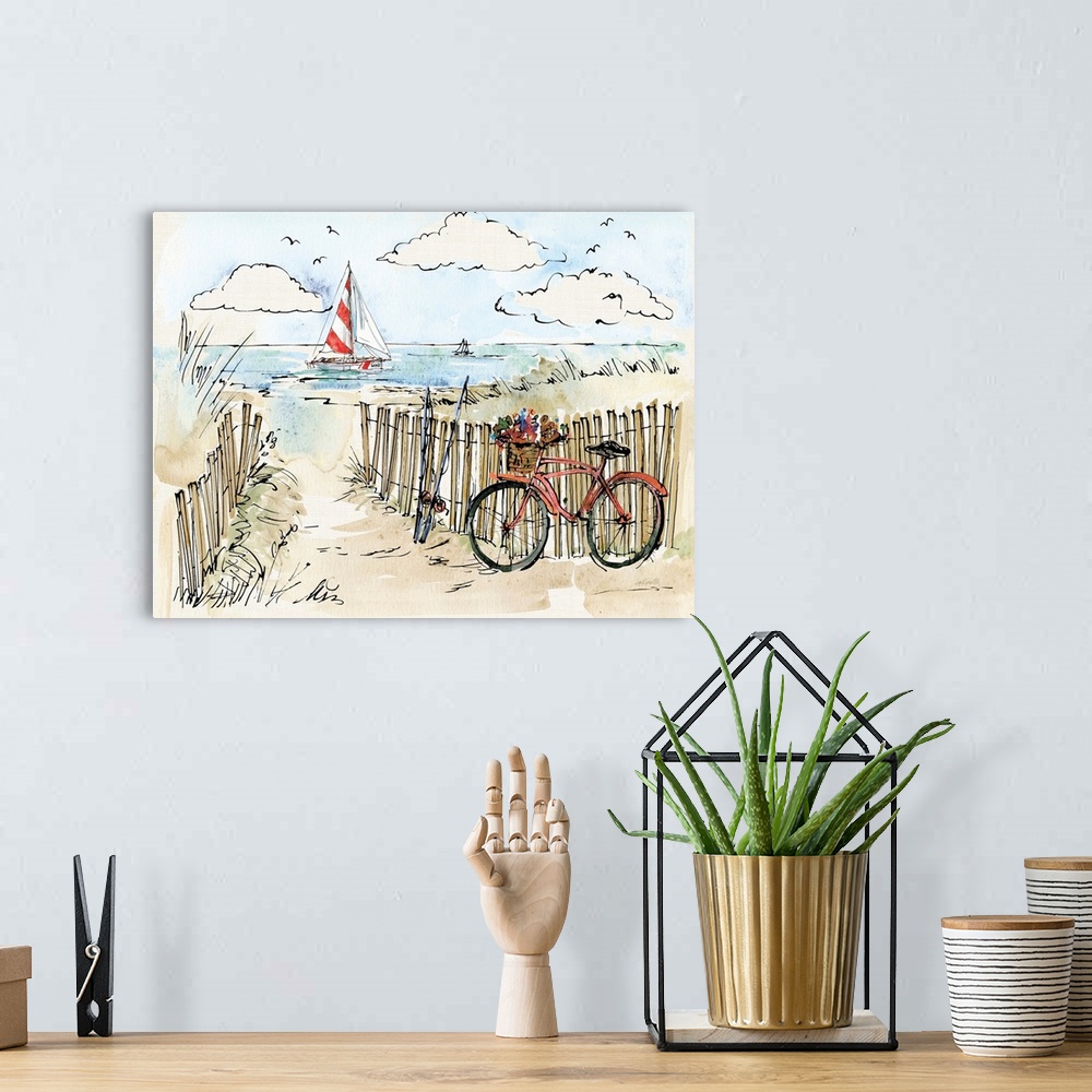 A bohemian room featuring Watercolor painting of a beach scene with a red bicycle and fishing poles in the foreground and a...