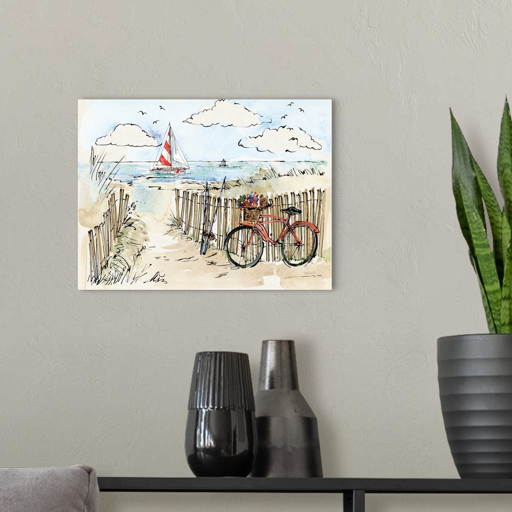 A modern room featuring Watercolor painting of a beach scene with a red bicycle and fishing poles in the foreground and a...