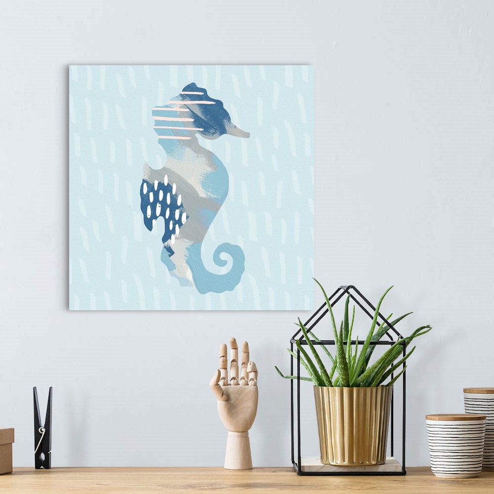 A bohemian room featuring Decorative artwork featuring a sea horse silhouette made up of abstract shapes and designs over a...