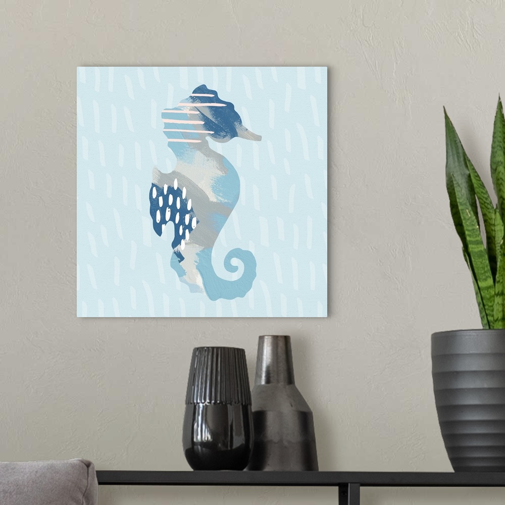 A modern room featuring Decorative artwork featuring a sea horse silhouette made up of abstract shapes and designs over a...
