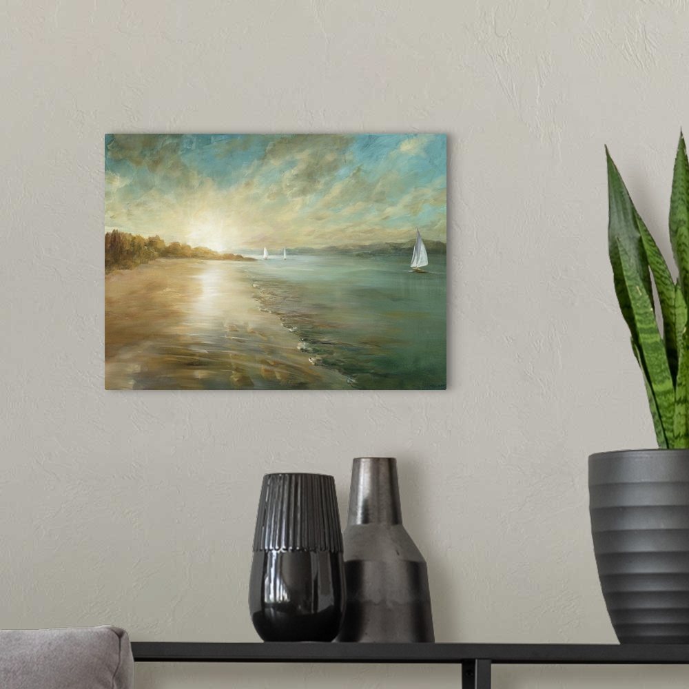 A modern room featuring Contemporary artwork of a sandy beach at low tide in morning light.
