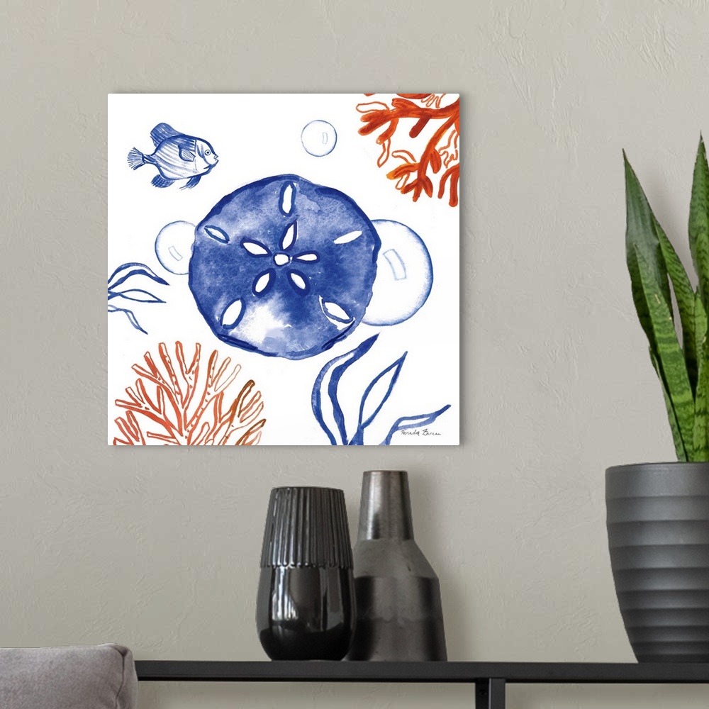 A modern room featuring Square beach decor in coral, red, blue, and white hues with a sand dollar, fish, bubbles, coral, ...