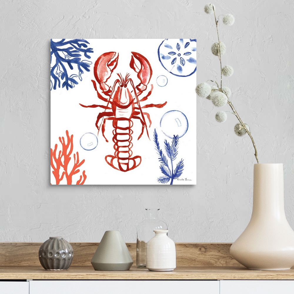 A farmhouse room featuring Square beach decor in coral, red, blue, and white hues with a lobster in the center surrounded by...