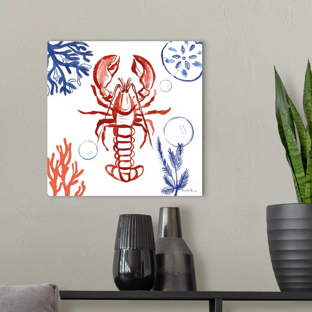 A modern room featuring Square beach decor in coral, red, blue, and white hues with a lobster in the center surrounded by...