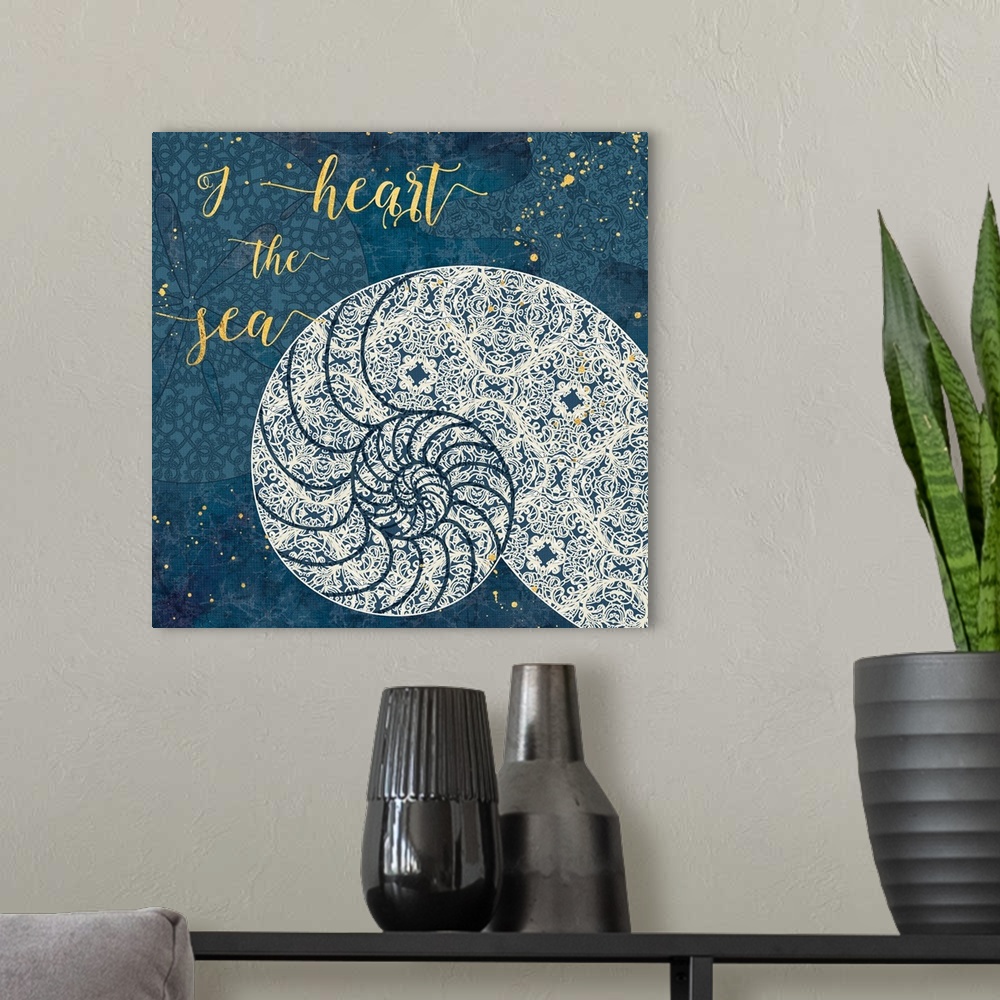 A modern room featuring Contemporary home decor artwork of off white coastal shell imagery against a navy blue background...