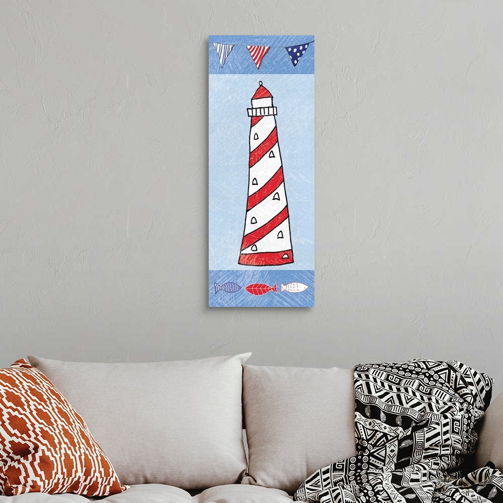 A bohemian room featuring A vertical digital illustration of a white and red lighthouse with a textured effect.