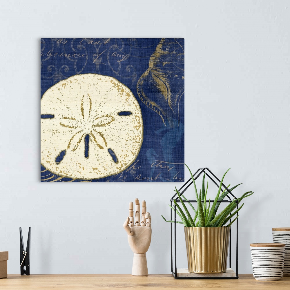 A bohemian room featuring Contemporary artwork of a sand dollar with other types of sea life against a blue background.