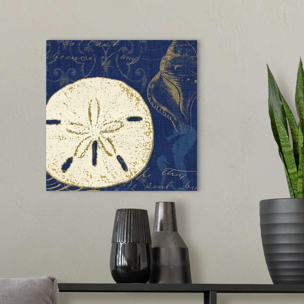 A modern room featuring Contemporary artwork of a sand dollar with other types of sea life against a blue background.