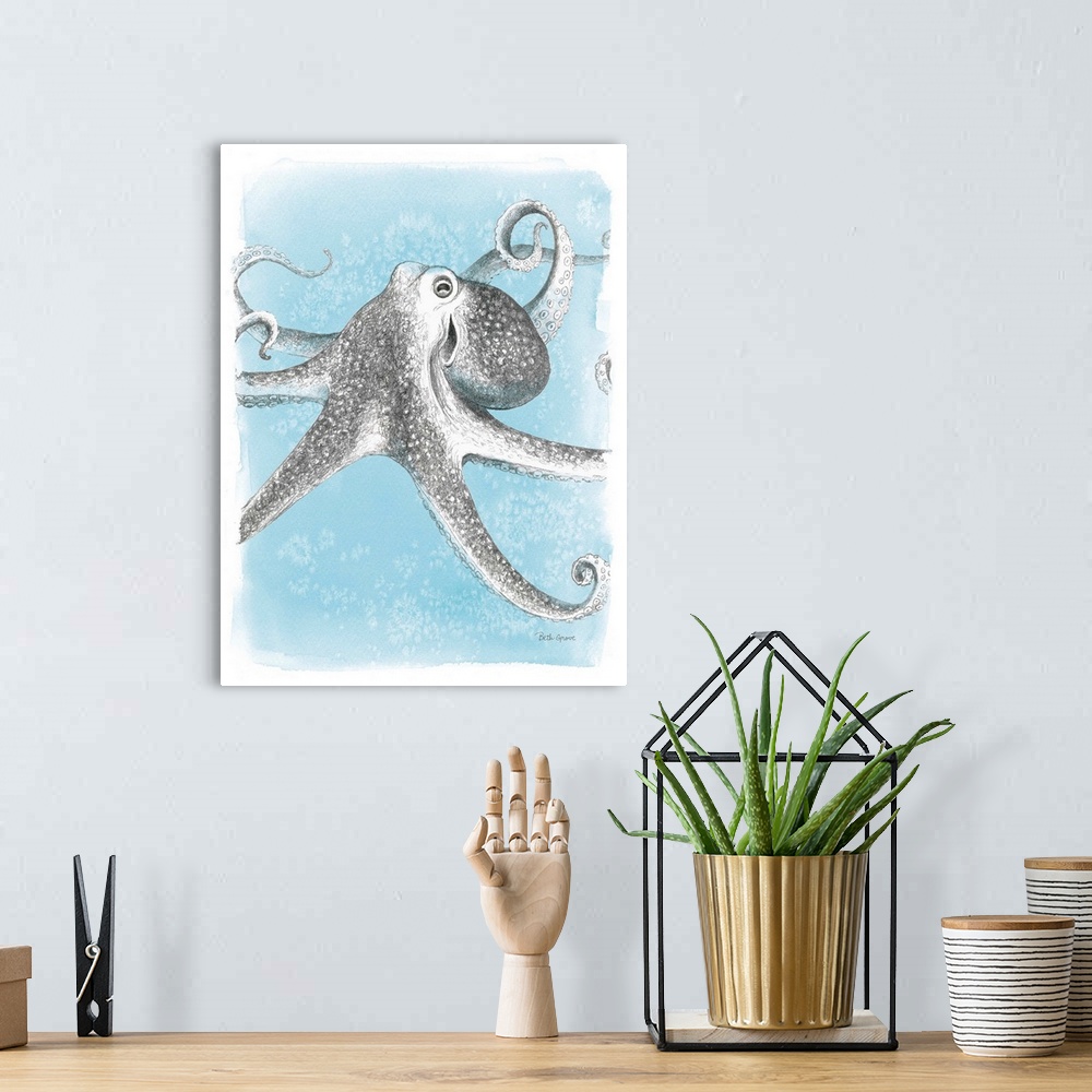 A bohemian room featuring Decorative artwork featuring a drawn octopus swimming through a blue ocean.