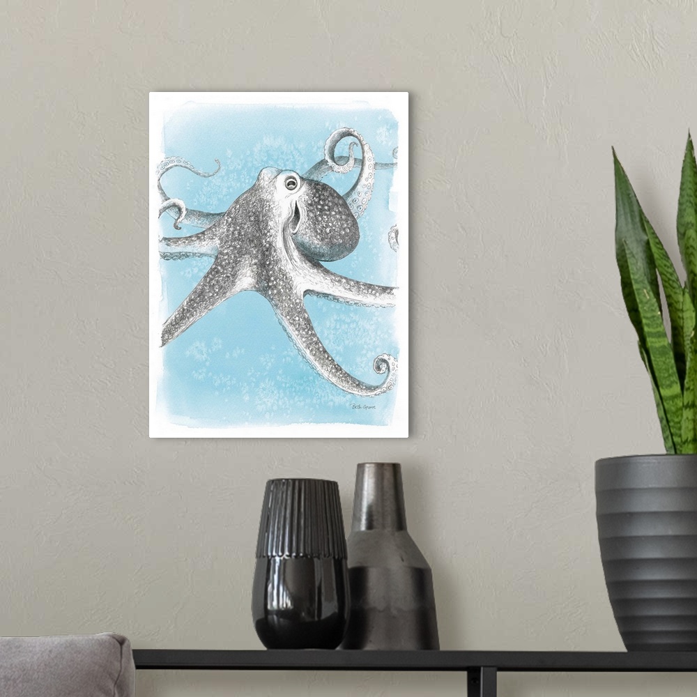 A modern room featuring Decorative artwork featuring a drawn octopus swimming through a blue ocean.