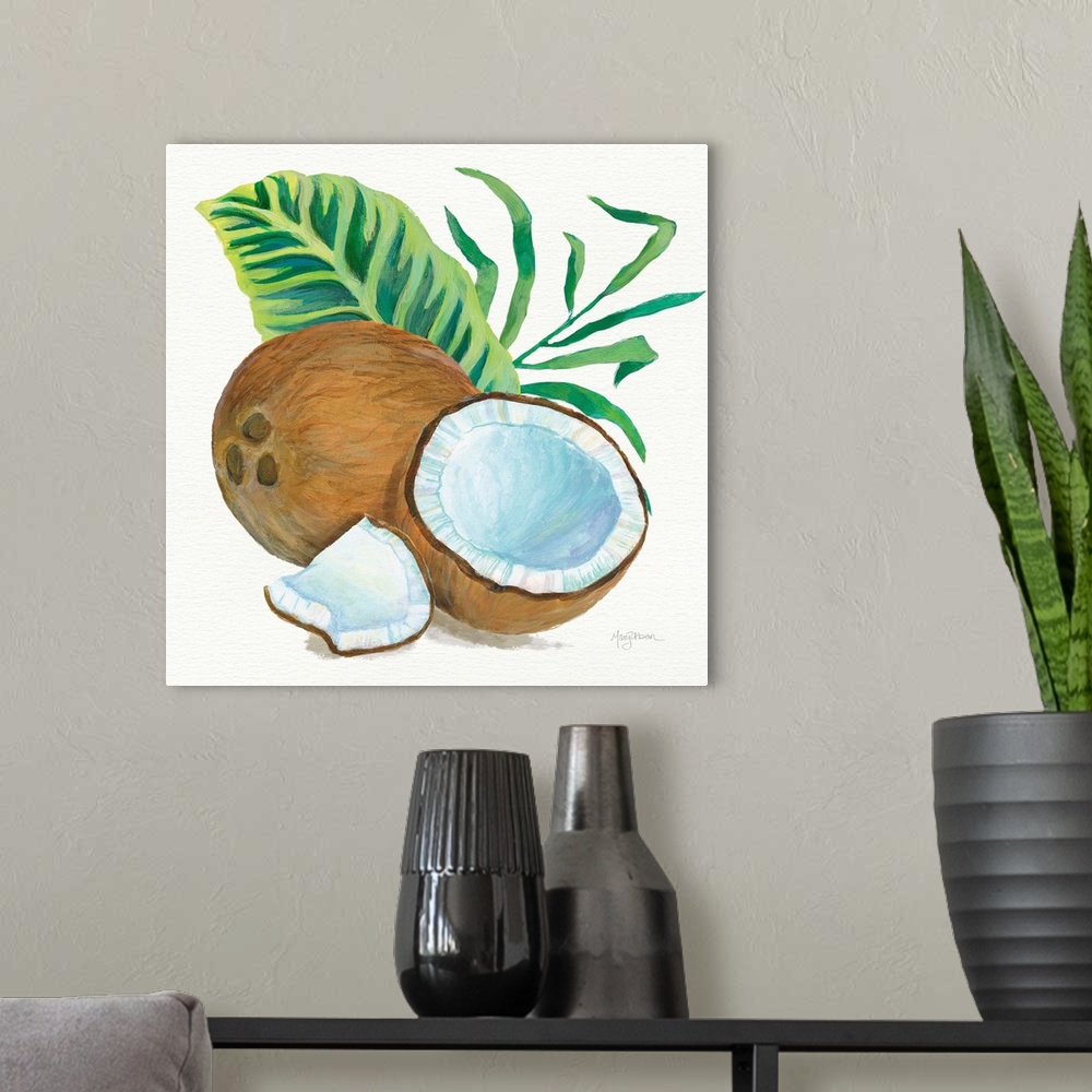 A modern room featuring Square painting of coconuts and tropical leaves on a white background.