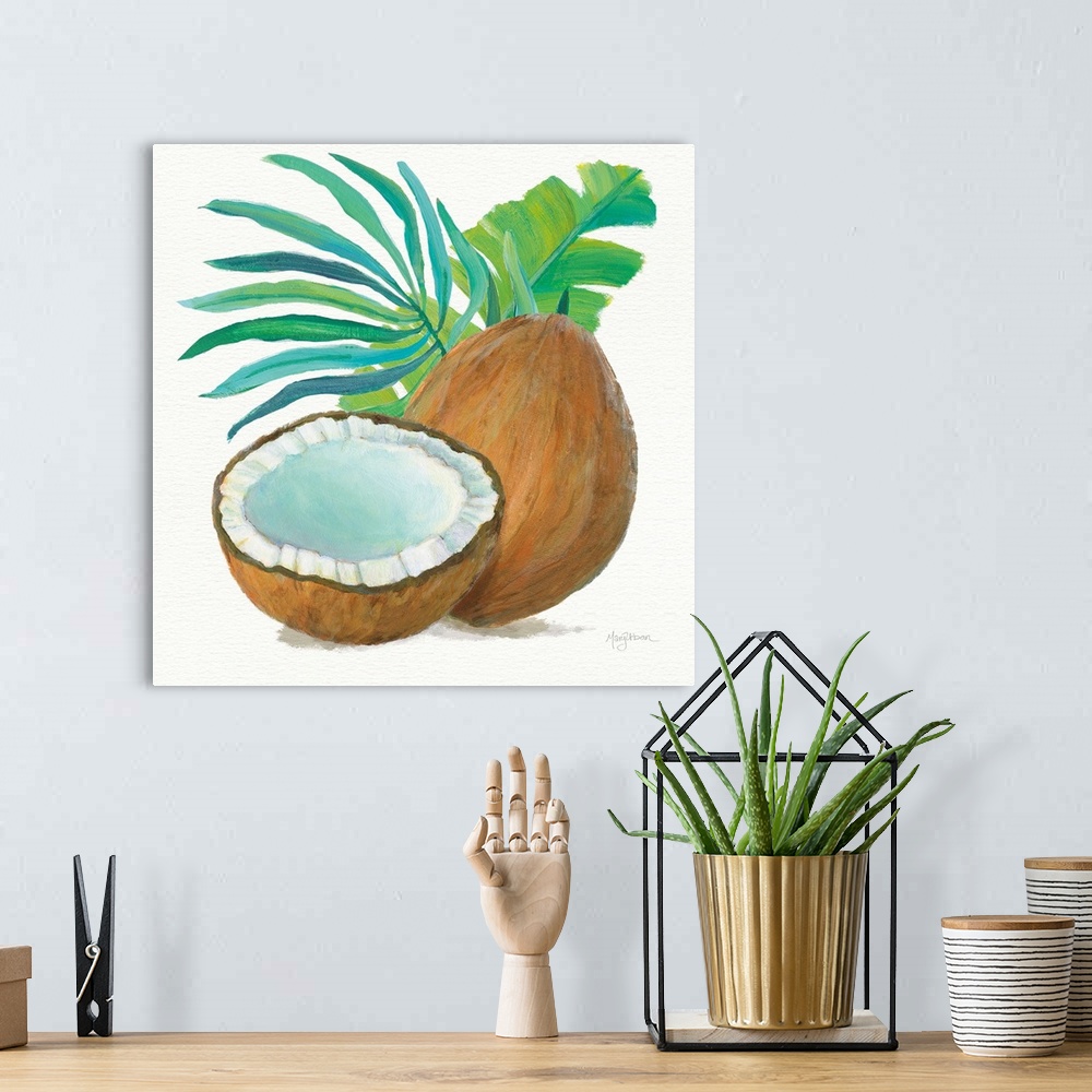 A bohemian room featuring Square painting of coconuts and tropical leaves on a white background.