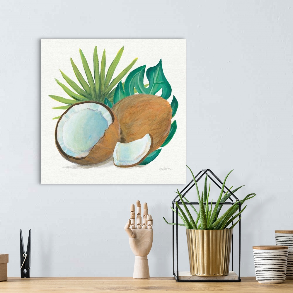 A bohemian room featuring Square painting of coconuts and tropical leaves on a white background.