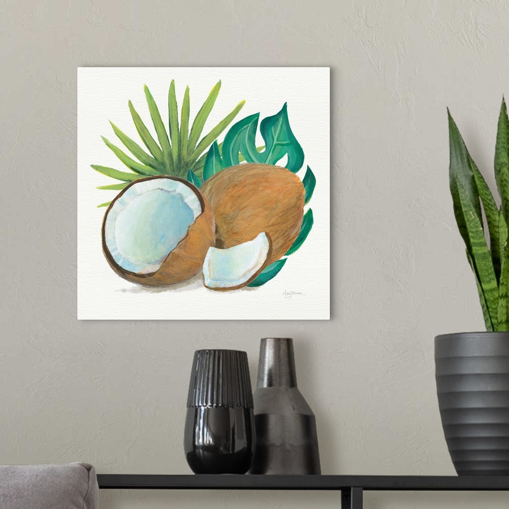 A modern room featuring Square painting of coconuts and tropical leaves on a white background.
