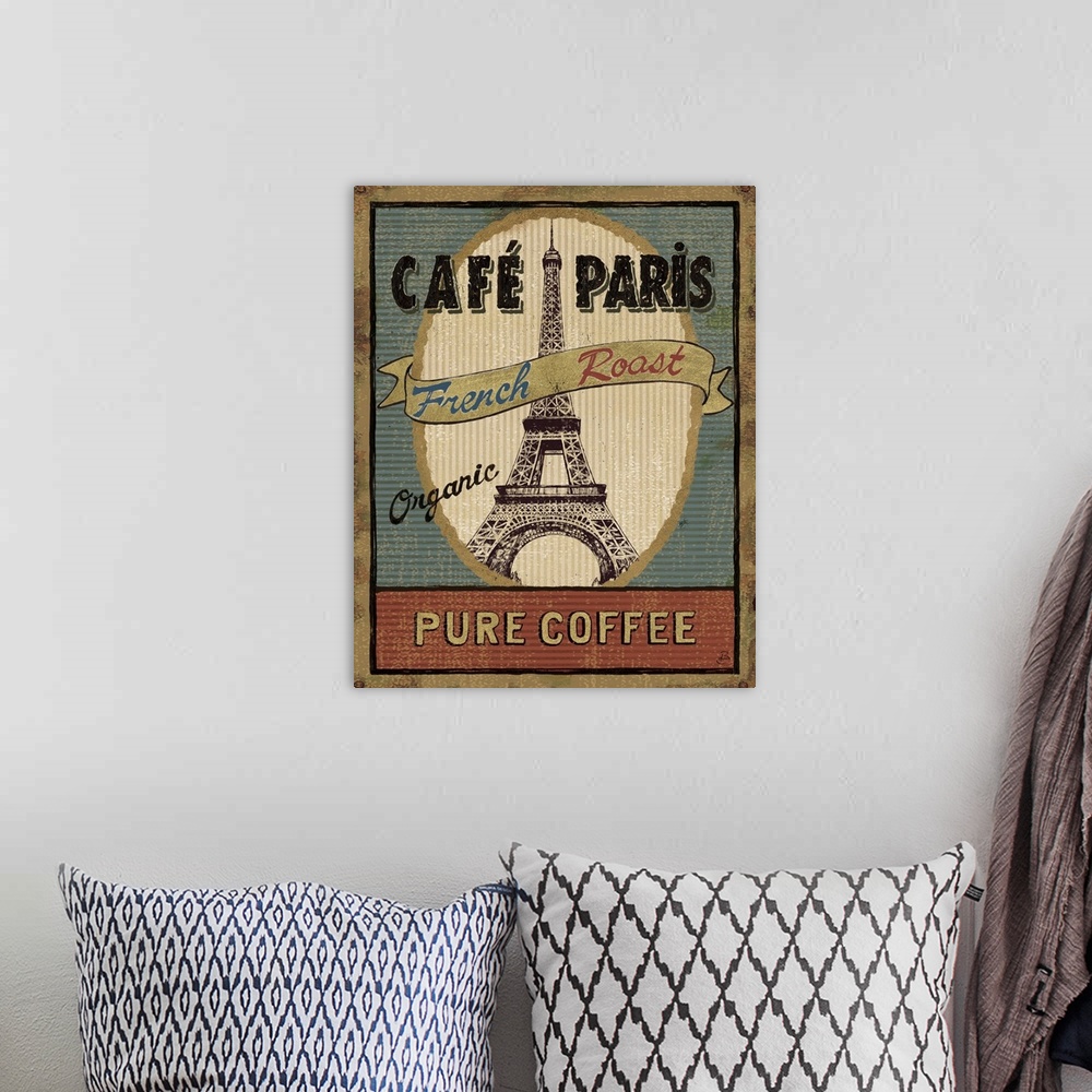 A bohemian room featuring Artwork of the Eiffel Tower with the text "French Roast Organic."