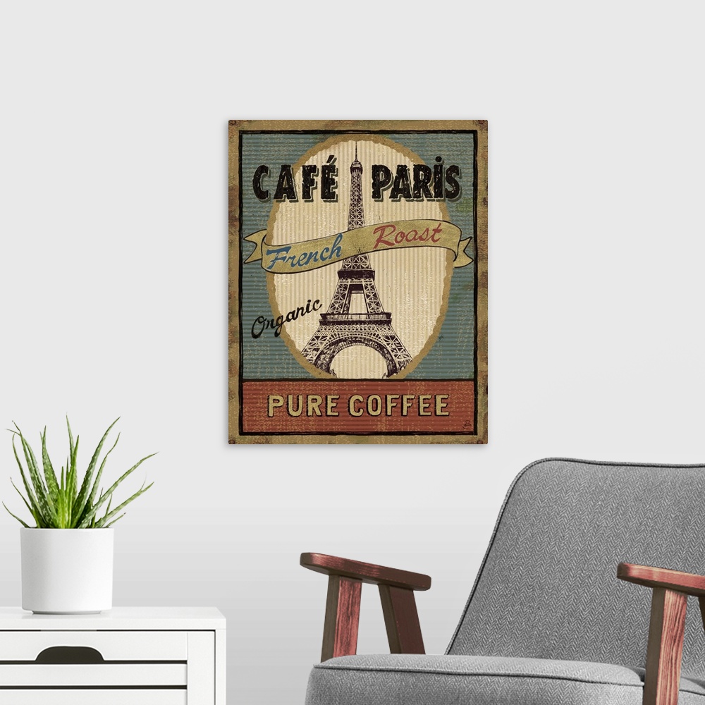 A modern room featuring Artwork of the Eiffel Tower with the text "French Roast Organic."