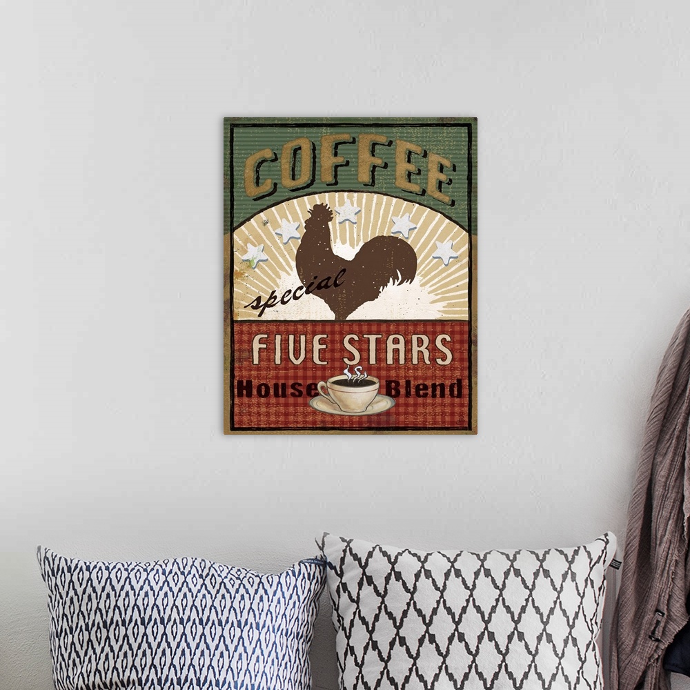 A bohemian room featuring Large print of a coffee advertisement with a rooster silhouette in the middle.