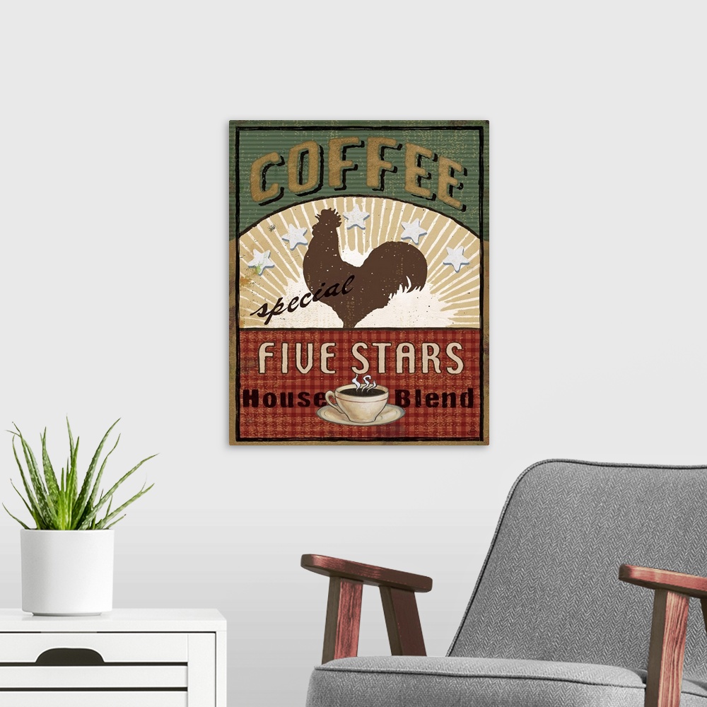 A modern room featuring Large print of a coffee advertisement with a rooster silhouette in the middle.