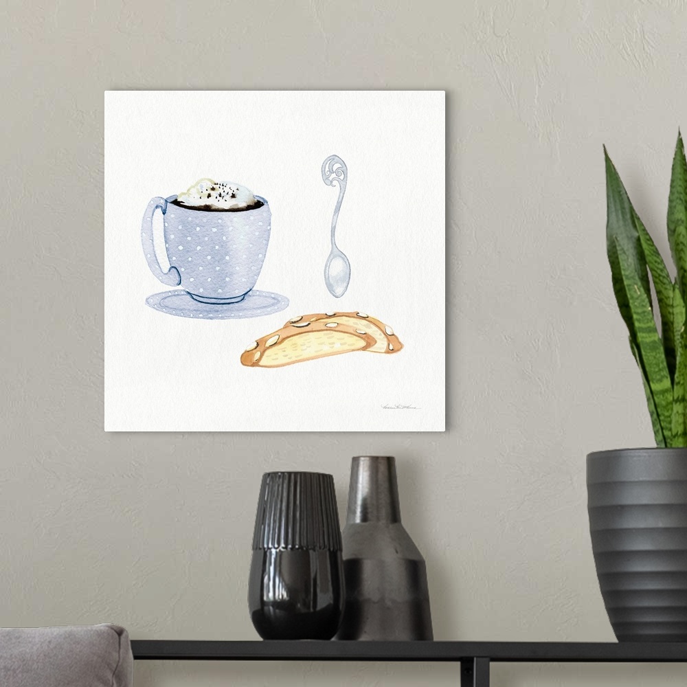 A modern room featuring Square watercolor painting of a blue and white polka dot coffee cup with biscotti and a spoon on ...