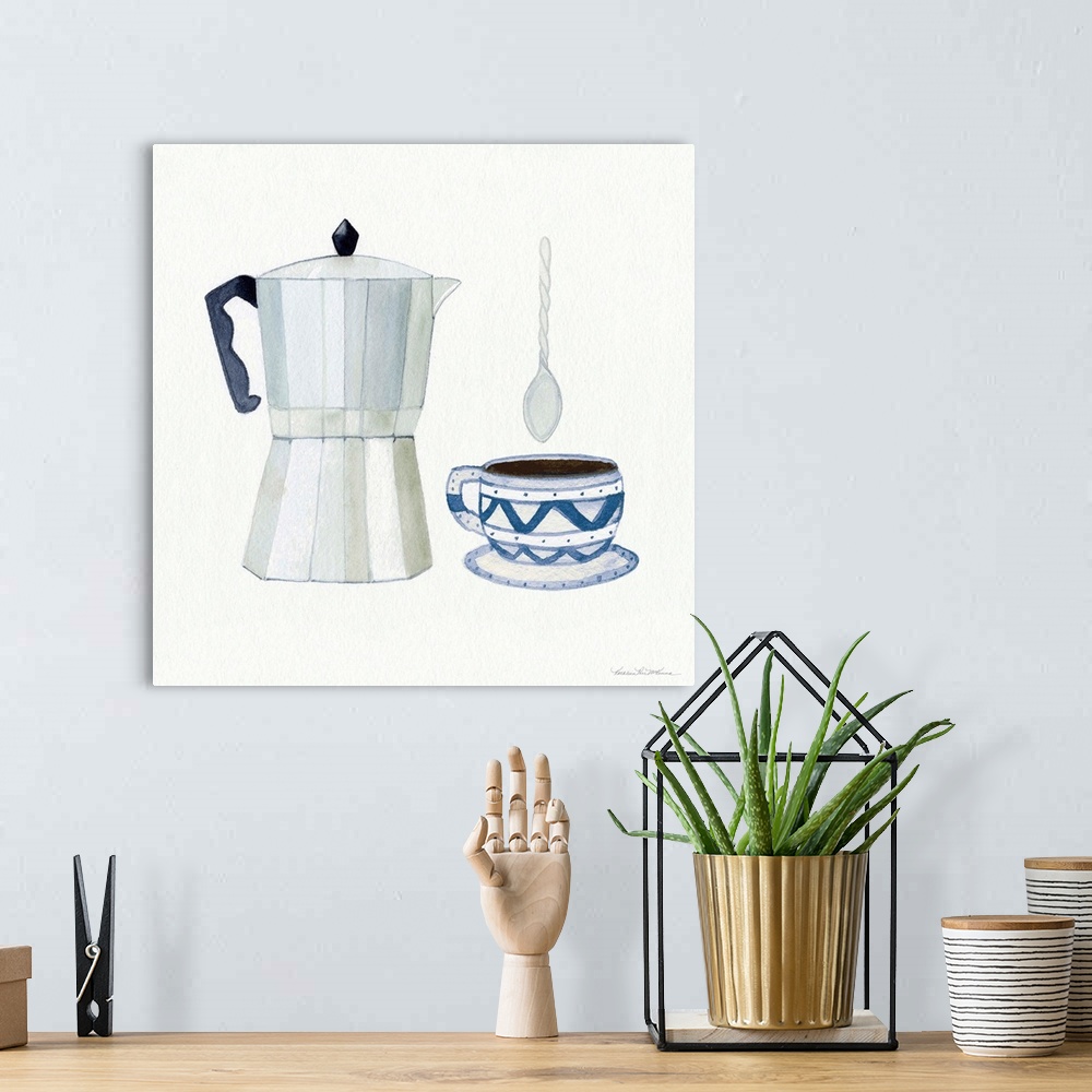 A bohemian room featuring Square watercolor painting of an espresso maker and blue and grey designed coffee cup with a twis...