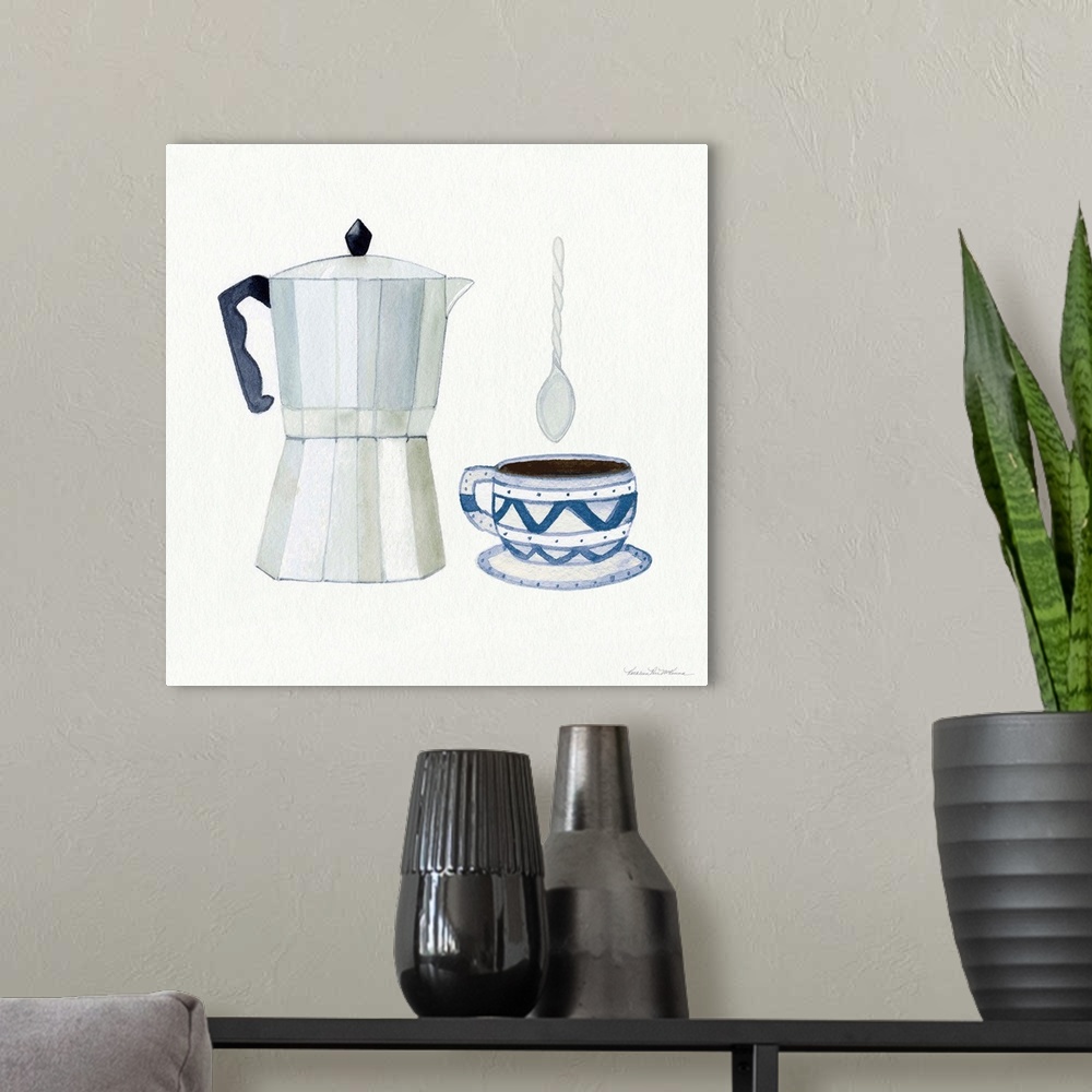 A modern room featuring Square watercolor painting of an espresso maker and blue and grey designed coffee cup with a twis...