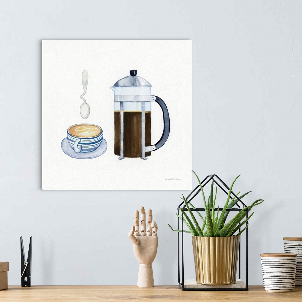 A bohemian room featuring Square watercolor painting of a french press and a blue and grey designed coffee cup with a twist...