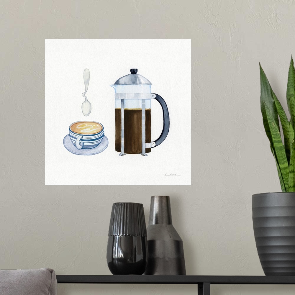 A modern room featuring Square watercolor painting of a french press and a blue and grey designed coffee cup with a twist...