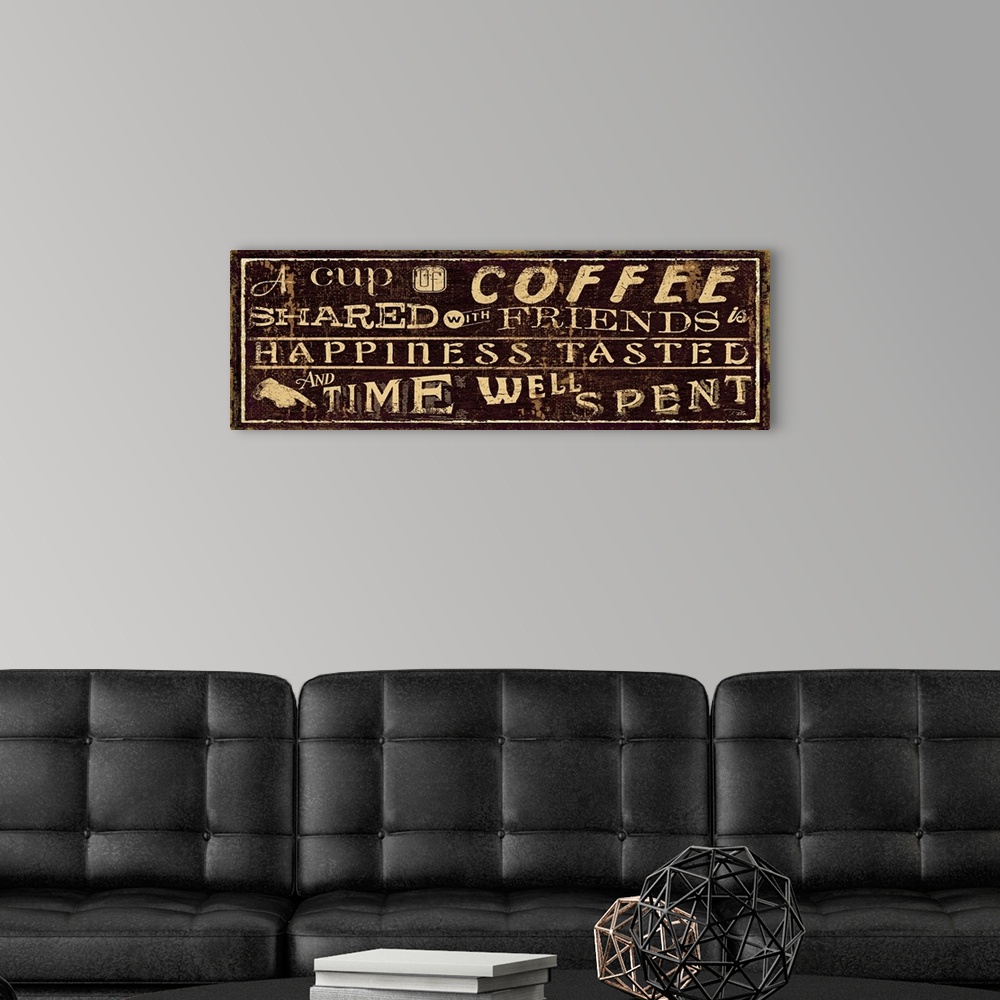 A modern room featuring Decorative artwork perfect for the kitchen of a stressed brown background with beige colored text...