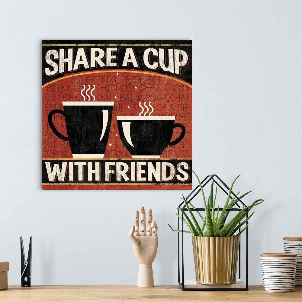 A bohemian room featuring Digital art piece of two cups of steaming hot coffee and text that refers to friends talking over...