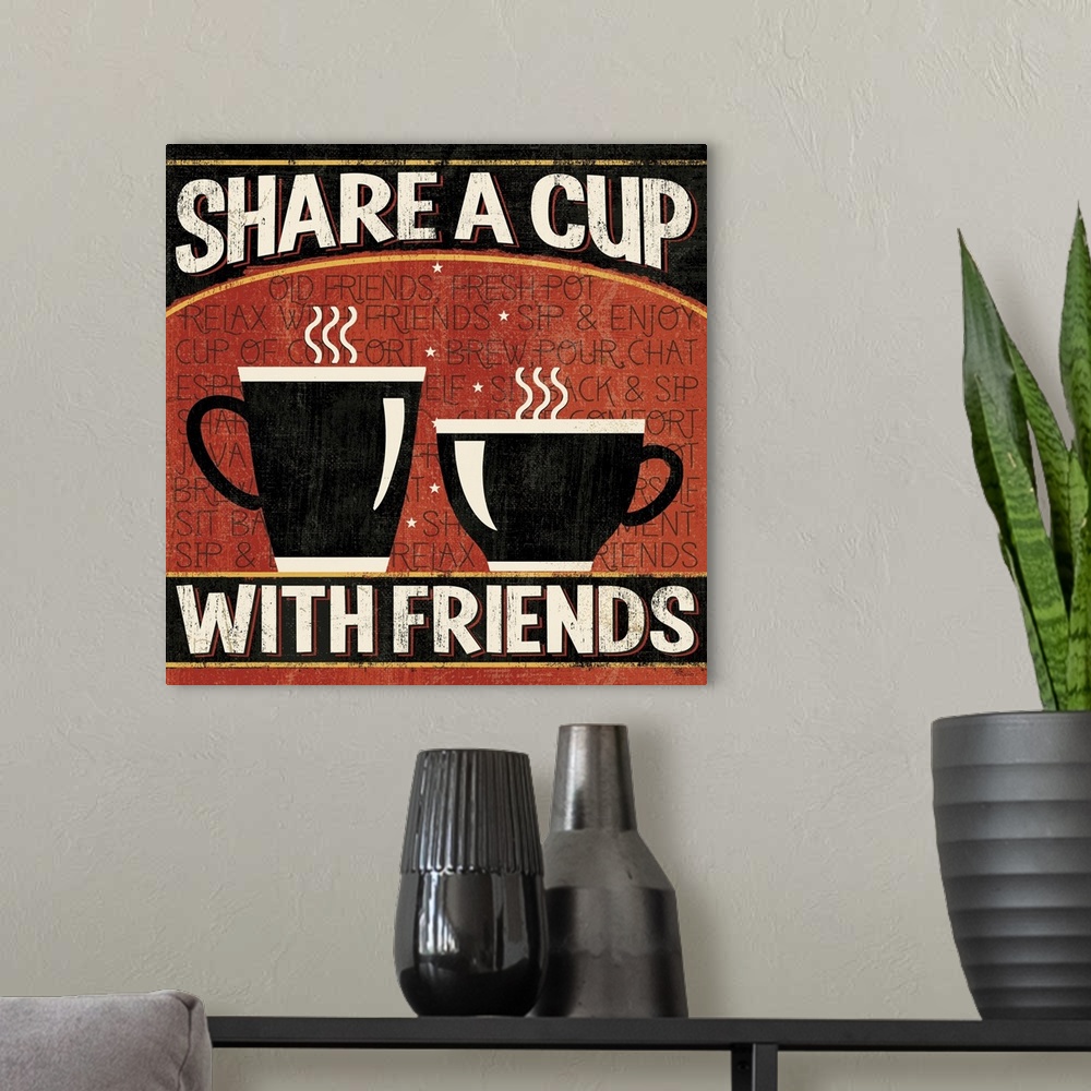 A modern room featuring Digital art piece of two cups of steaming hot coffee and text that refers to friends talking over...
