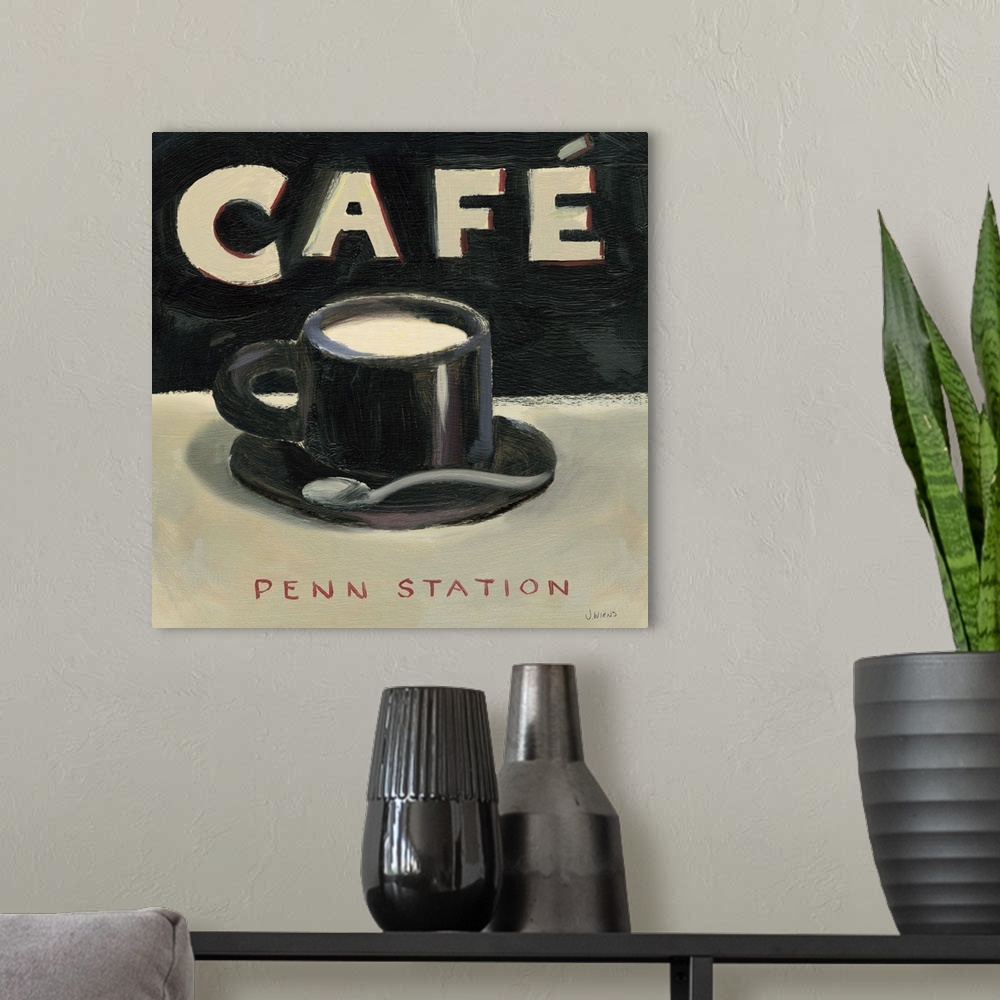 A modern room featuring Contemporary cafe sign for Penn Station.