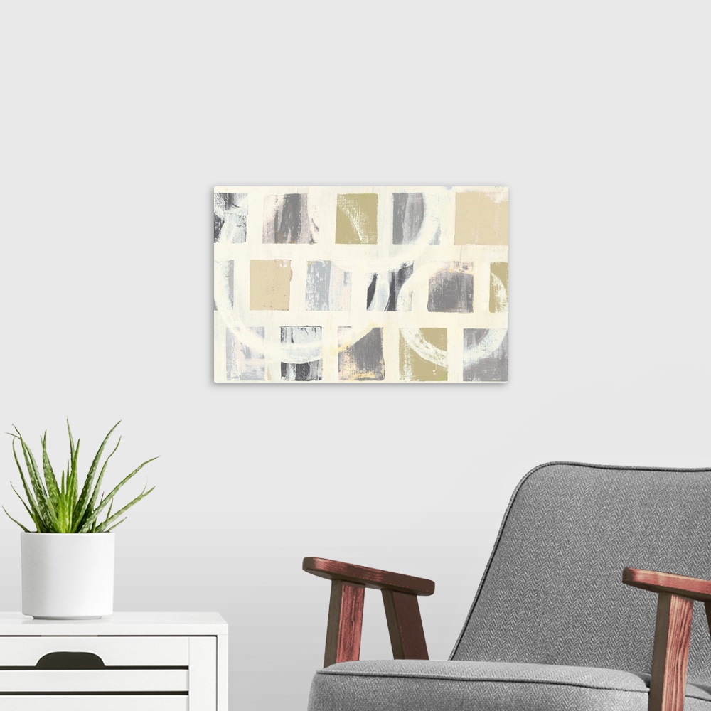 A modern room featuring Neutral colored abstract artwork with squares on an off-white background with large off-white cir...