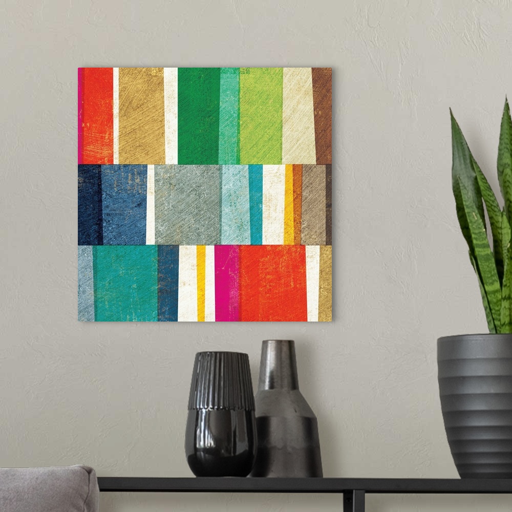 A modern room featuring Brightly colored color block abstract.