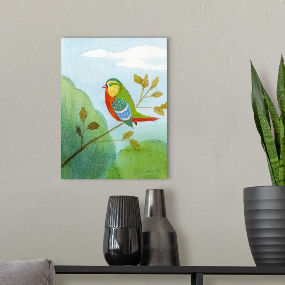 A modern room featuring Colorful Birds II