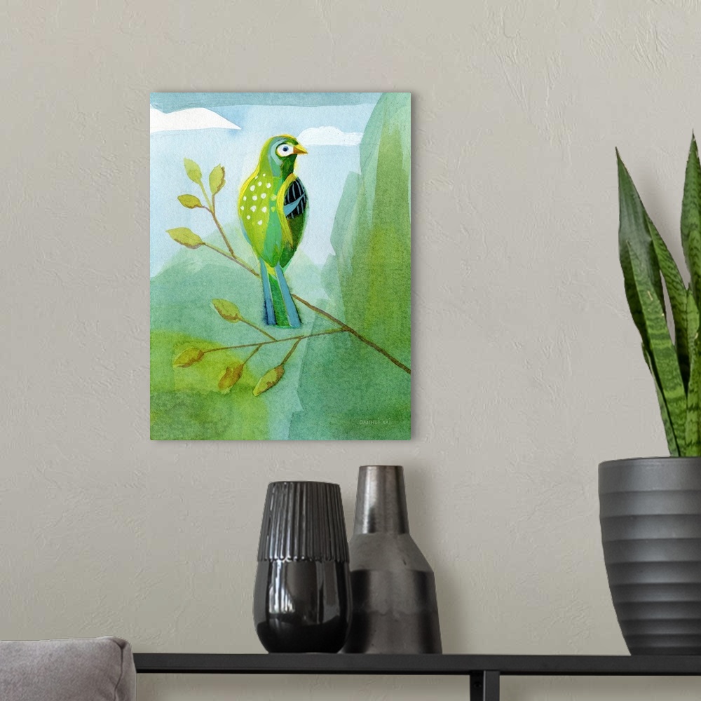 A modern room featuring Colorful Birds III