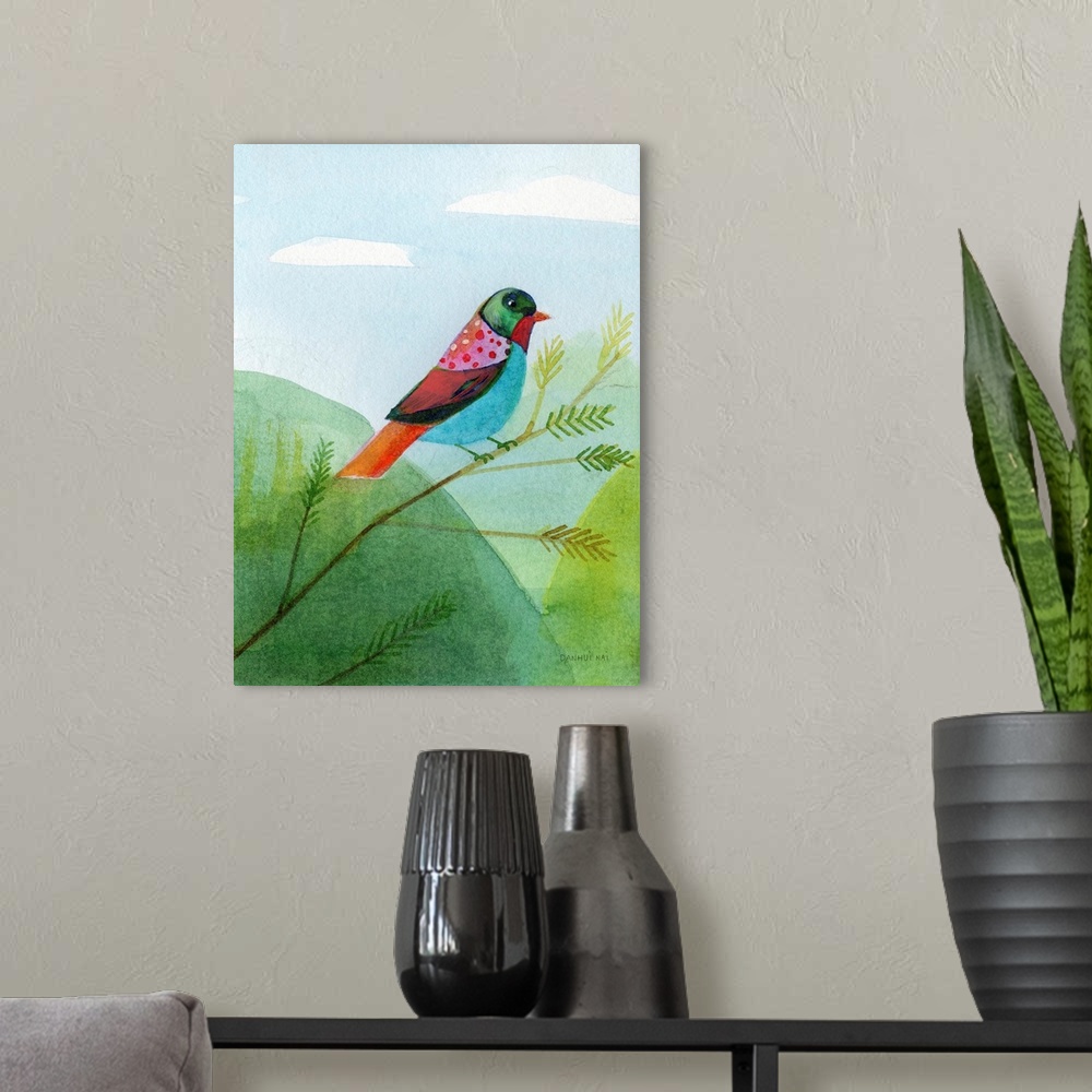 A modern room featuring Colorful Birds IV
