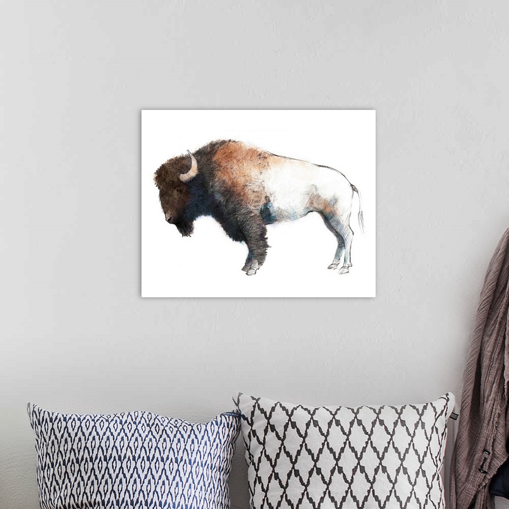 A bohemian room featuring Colorful sketch of a bison with shades of blue and purple on its underbody.