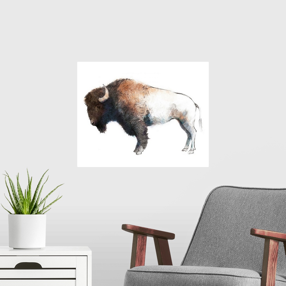 A modern room featuring Colorful sketch of a bison with shades of blue and purple on its underbody.