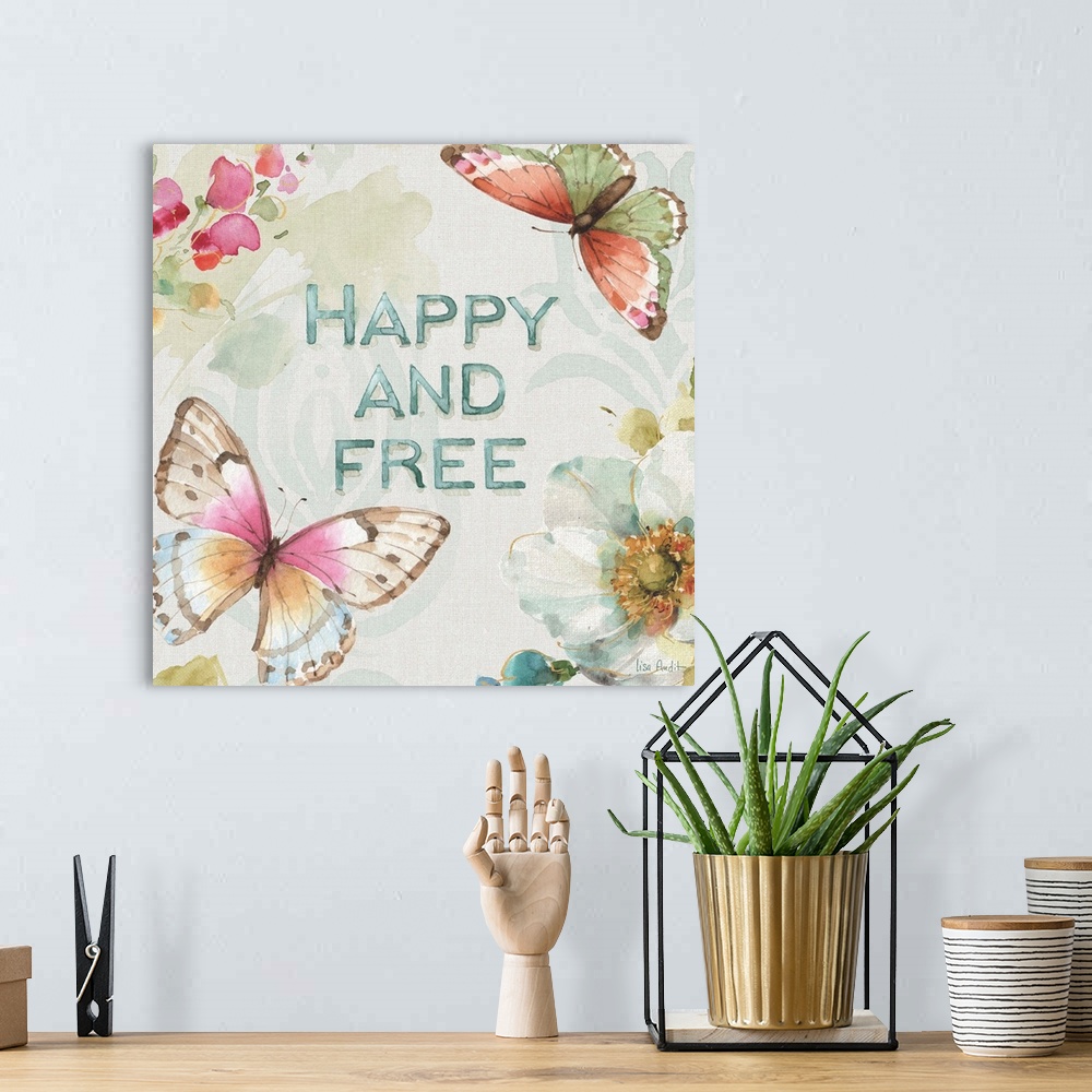 A bohemian room featuring Contemporary sentiment artwork incorporating butterflies and flowers.