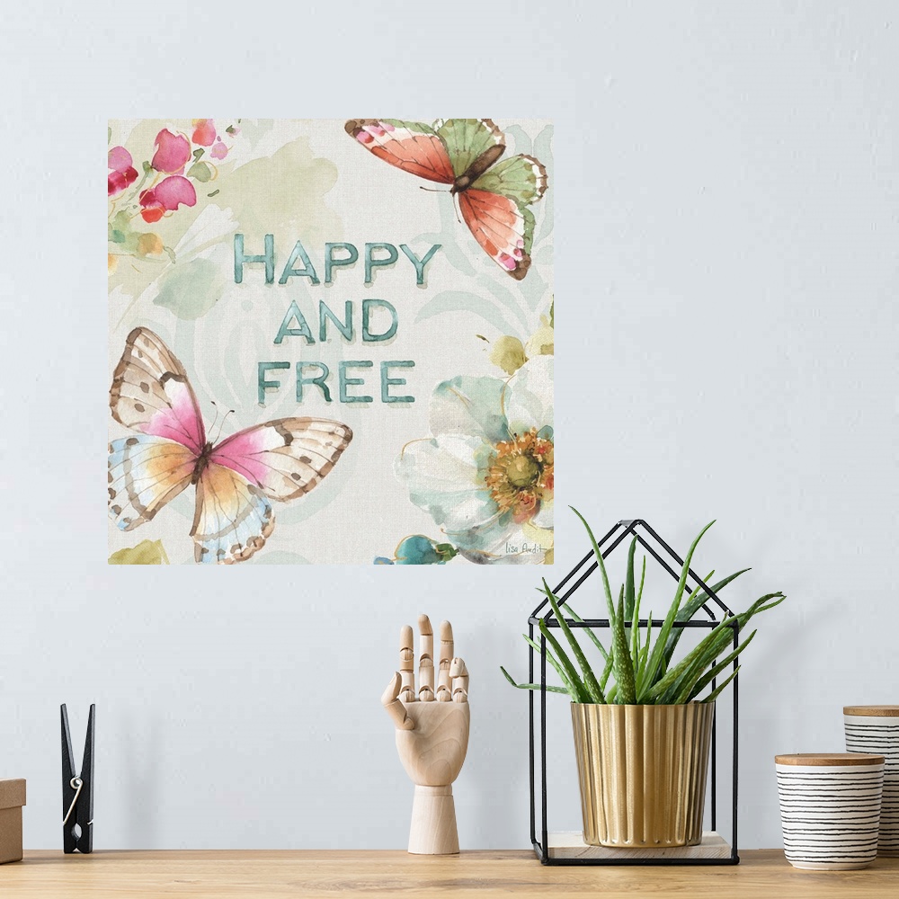 A bohemian room featuring Contemporary sentiment artwork incorporating butterflies and flowers.