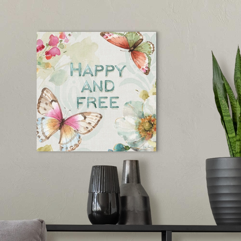 A modern room featuring Contemporary sentiment artwork incorporating butterflies and flowers.