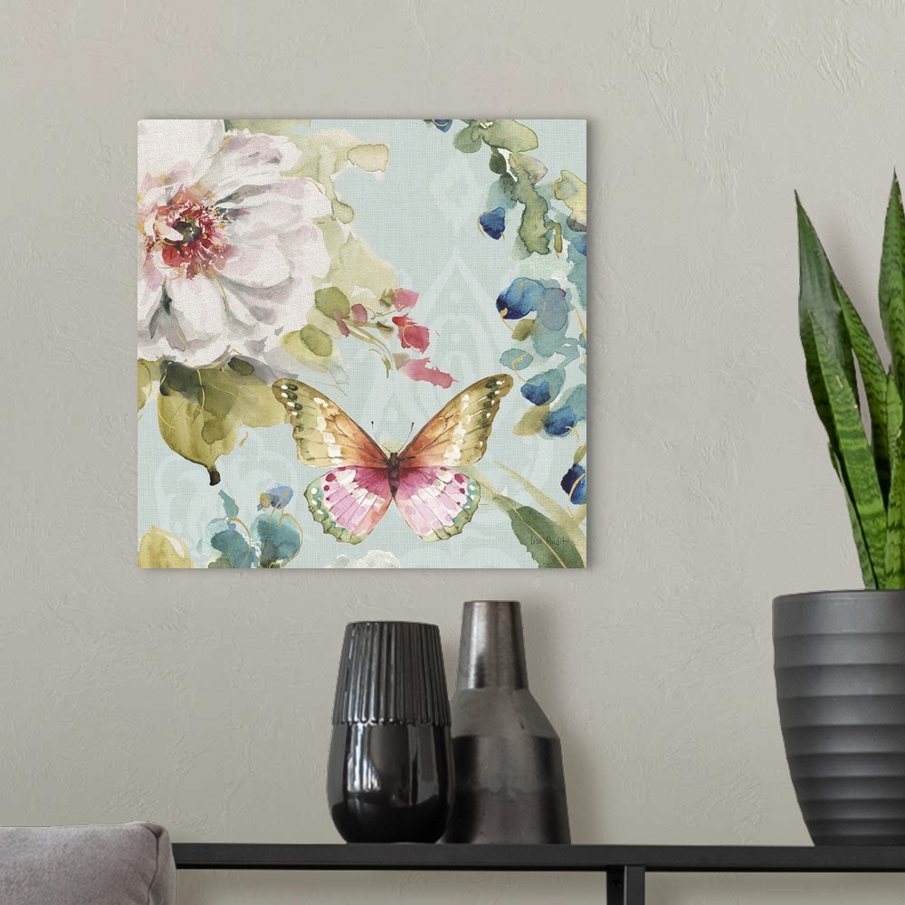 A modern room featuring Contemporary home decor artwork incorporating butterflies and flowers.