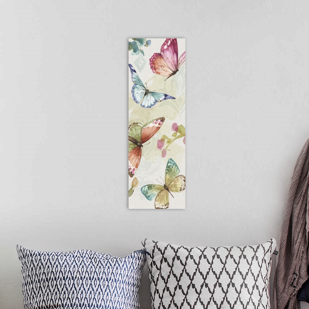 A bohemian room featuring Contemporary home decor artwork incorporating butterflies and flowers.
