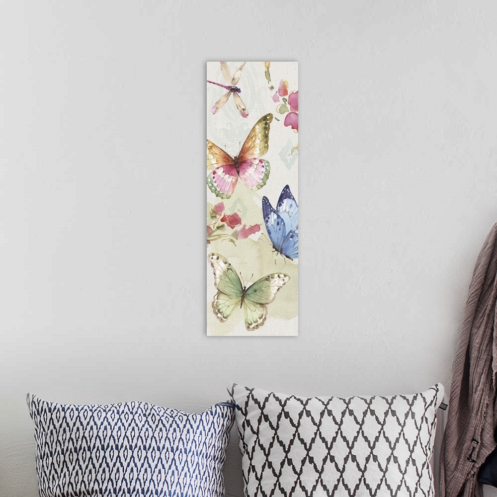 A bohemian room featuring Contemporary home decor artwork incorporating butterflies and flowers.