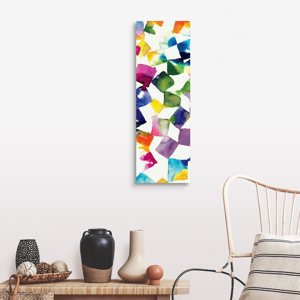 A farmhouse room featuring Colorful abstract artwork of square shapes in bright rainbow colors.