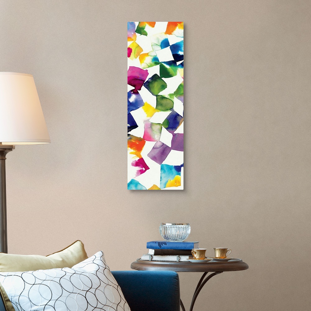 A traditional room featuring Colorful abstract artwork of square shapes in bright rainbow colors.