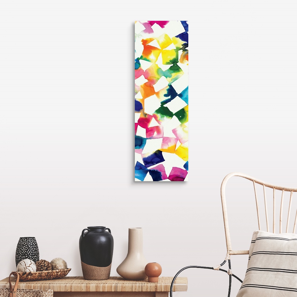 A farmhouse room featuring Colorful abstract artwork of square shapes in bright rainbow colors.