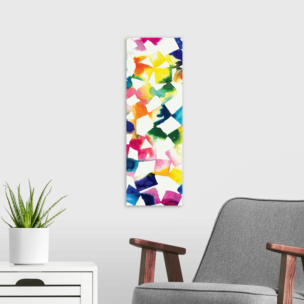 A modern room featuring Colorful abstract artwork of square shapes in bright rainbow colors.