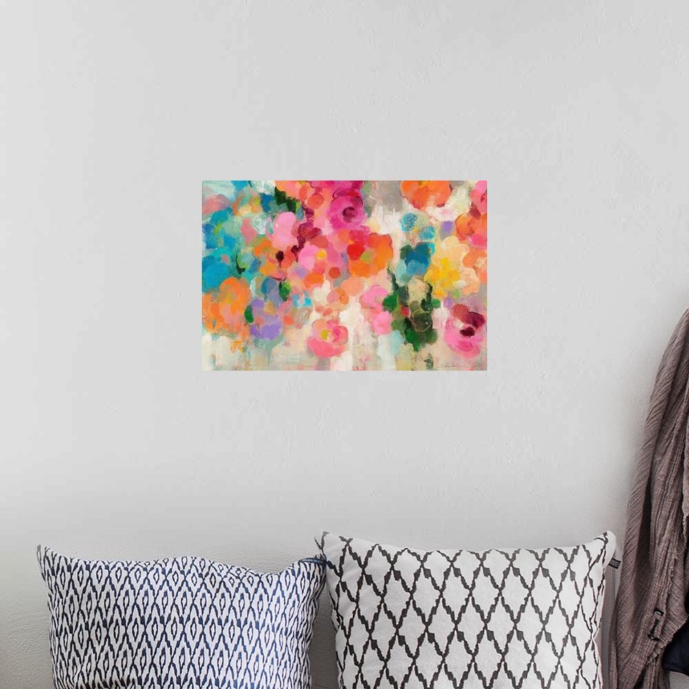 A bohemian room featuring Contemporary painting of colorful flowers.
